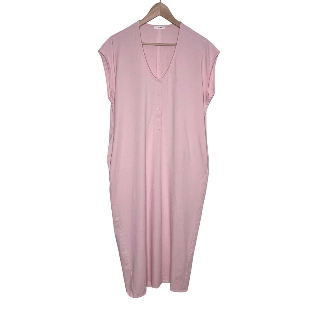 Storq Pink Maternity Midi Lounge Dress Soft Stretch Henley Pocket Minimalist